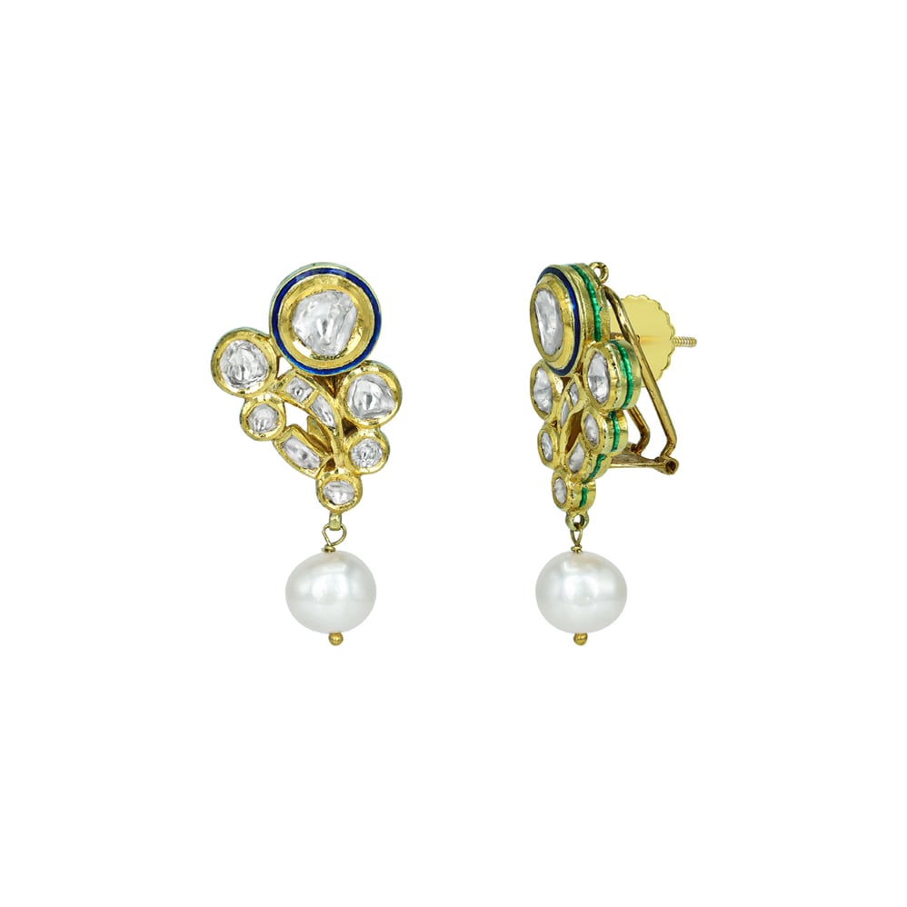 Floral Polki Earrings with Blue Enamel and Pearl Drop